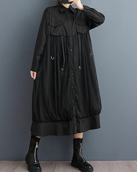 ellazhu Women's Shirt Dress Button Down Long Sleeve Lapel Solid Casual Loose Maxi Tulle GZ363 Black