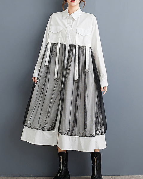 ellazhu Women's Shirt Dress Button Down Long Sleeve Lapel Solid Casual Loose Maxi Tulle GZ363 Black