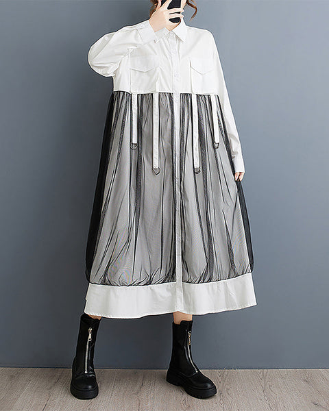 ellazhu Women's Shirt Dress Button Down Long Sleeve Lapel Solid Casual Loose Maxi Tulle GZ363 Black