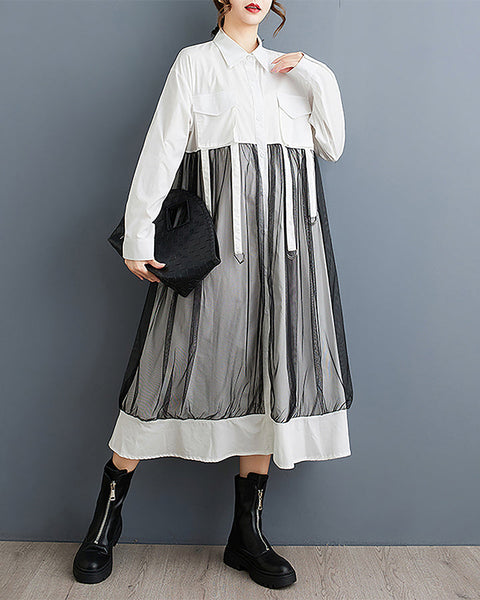 ellazhu Women's Shirt Dress Button Down Long Sleeve Lapel Solid Casual Loose Maxi Tulle GZ363 Black