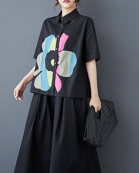 ellazhu Women's Shirt Button Down Floral Casual Loose Short Sleeve Lapel Straight Hem GZ364 Black