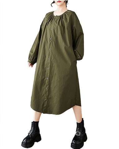 ellazhu Women's Shirt Dress Crewneck Button Down Long Sleeve Solid Asymmetrical Splited Hem Oversize Loose Maxi Two Side Pockets GZ366 Army Green