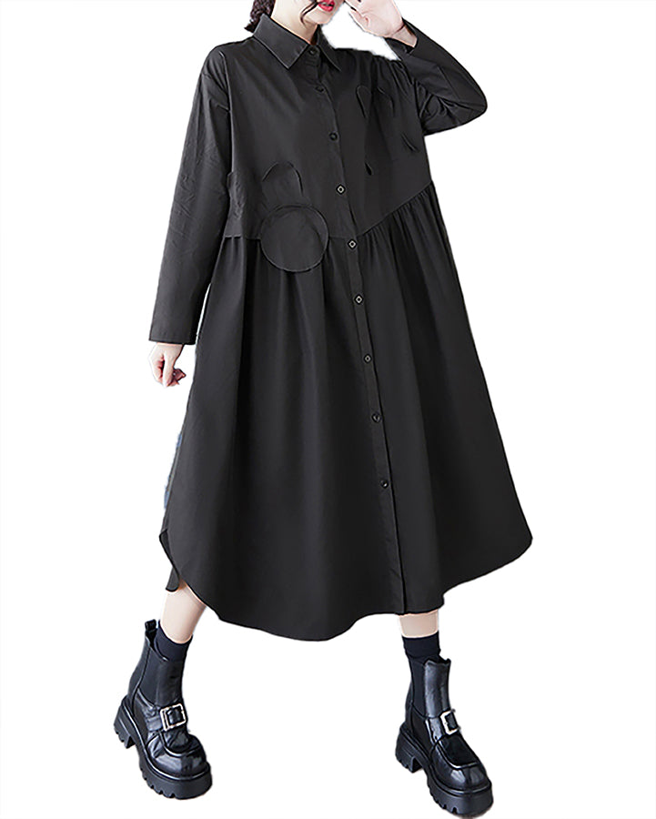 ellazhu Women's Shirt Dress Button Down Long Sleeve Lapel Two Side Pockets Splited Fowy Hem Oversize Loose Maxi Guaze GZ367 Black