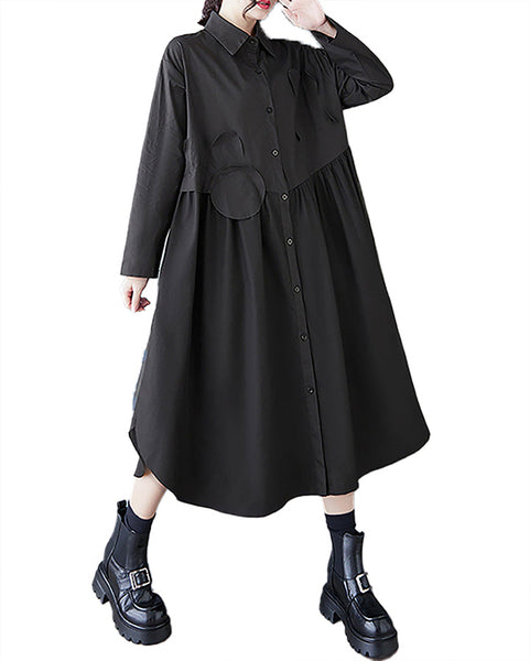 ellazhu Women's Shirt Dress Button Down Long Sleeve Lapel Two Side Pockets Splited Fowy Hem Oversize Loose Maxi Guaze GZ367 Black