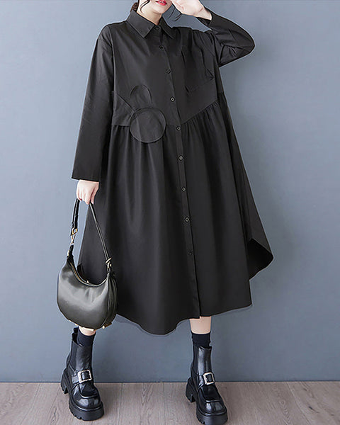 ellazhu Women's Shirt Dress Button Down Long Sleeve Lapel Two Side Pockets Splited Fowy Hem Oversize Loose Maxi Guaze GZ367 Black