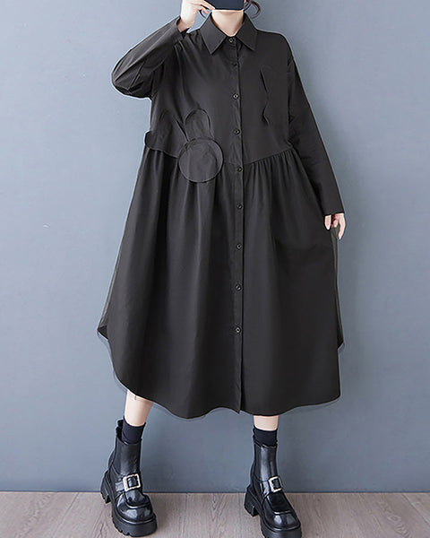 ellazhu Women's Shirt Dress Button Down Long Sleeve Lapel Two Side Pockets Splited Fowy Hem Oversize Loose Maxi Guaze GZ367 Black