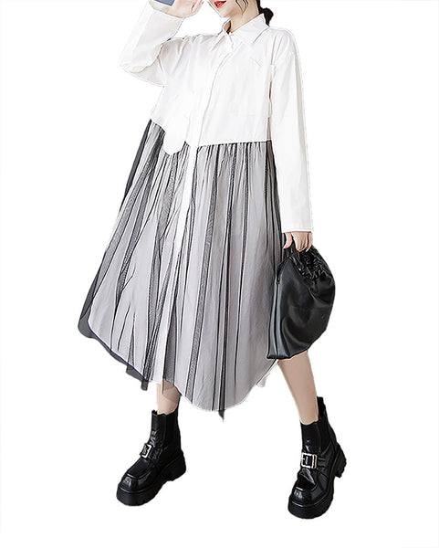 ellazhu Women's Shirt Dress Button Down Long Sleeve Lapel Two Side Pockets Splited Fowy Hem Oversize Loose Maxi Guaze GZ367 Black