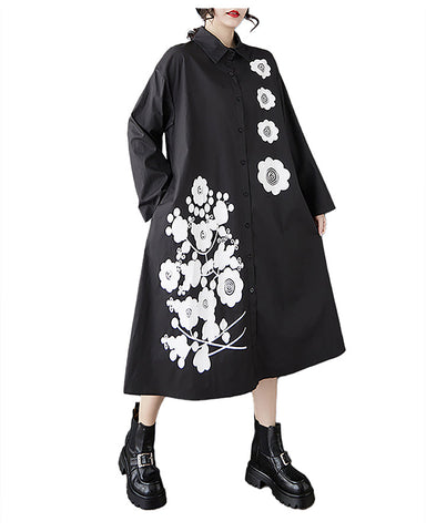 ellazhu Women's Shirt Dress Button Down Long Sleeve Lapel Two Side Pockets Floral Straight Hem Oversize Loose Maxi GZ368 Black