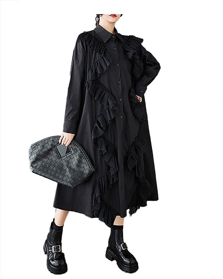 ellazhu Women's Shirt Dress Button Down Long Sleeve Lapel Two Side Pockets Solid Ruffe Oversize Loose Maxi GZ369 Black