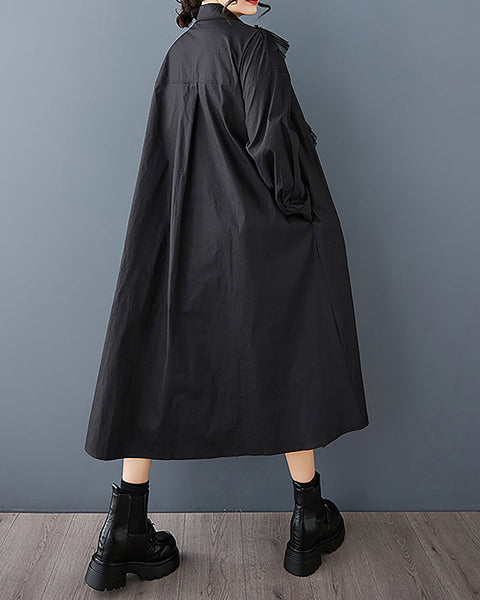ellazhu Women's Shirt Dress Button Down Long Sleeve Lapel Two Side Pockets Solid Ruffe Oversize Loose Maxi GZ369 Black