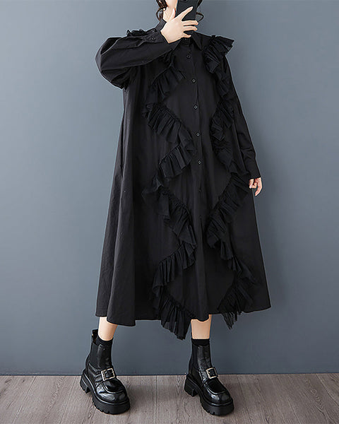 ellazhu Women's Shirt Dress Button Down Long Sleeve Lapel Two Side Pockets Solid Ruffe Oversize Loose Maxi GZ369 Black