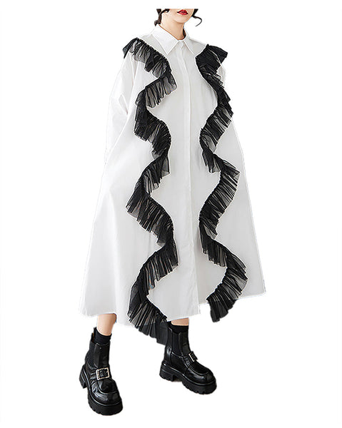 ellazhu Women's Shirt Dress Button Down Long Sleeve Lapel Two Side Pockets Solid Ruffe Oversize Loose Maxi GZ369 Black
