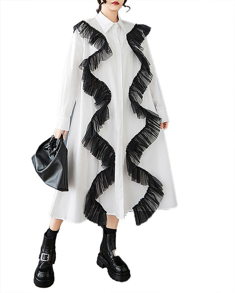 ellazhu Women's Shirt Dress Button Down Long Sleeve Lapel Two Side Pockets Solid Ruffe Oversize Loose Maxi GZ369 Black