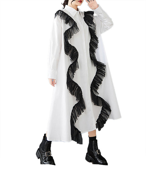 ellazhu Women's Shirt Dress Button Down Long Sleeve Lapel Two Side Pockets Solid Ruffe Oversize Loose Maxi GZ369 Black