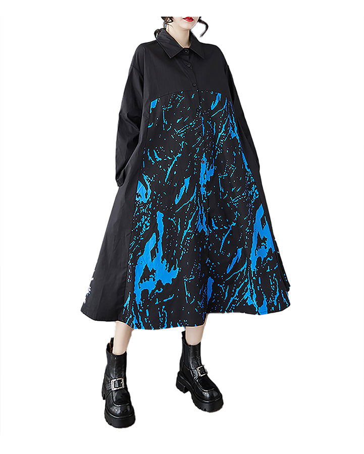 ellazhu Women's Shirt Dress Button Down Long Sleeve Lapel Two Side Pockets Printed Oversize Maxi Straight Hem GZ370 Black