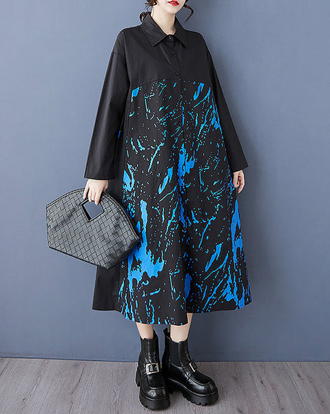 ellazhu Women's Shirt Dress Button Down Long Sleeve Lapel Two Side Pockets Printed Oversize Maxi Straight Hem GZ370 Black