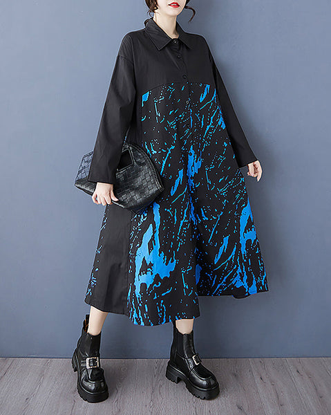 ellazhu Women's Shirt Dress Button Down Long Sleeve Lapel Two Side Pockets Printed Oversize Maxi Straight Hem GZ370 Black