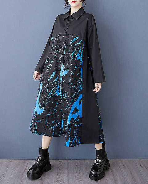 ellazhu Women's Shirt Dress Button Down Long Sleeve Lapel Two Side Pockets Printed Oversize Maxi Straight Hem GZ370 Black