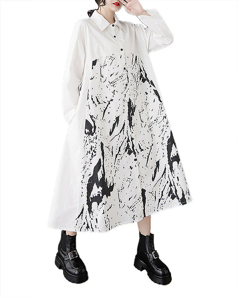 ellazhu Women's Shirt Dress Button Down Long Sleeve Lapel Two Side Pockets Printed Oversize Maxi Straight Hem GZ370 Black