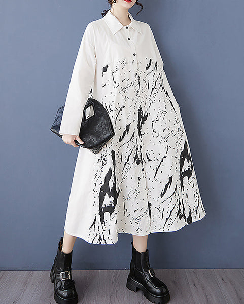 ellazhu Women's Shirt Dress Button Down Long Sleeve Lapel Two Side Pockets Printed Oversize Maxi Straight Hem GZ370 Black