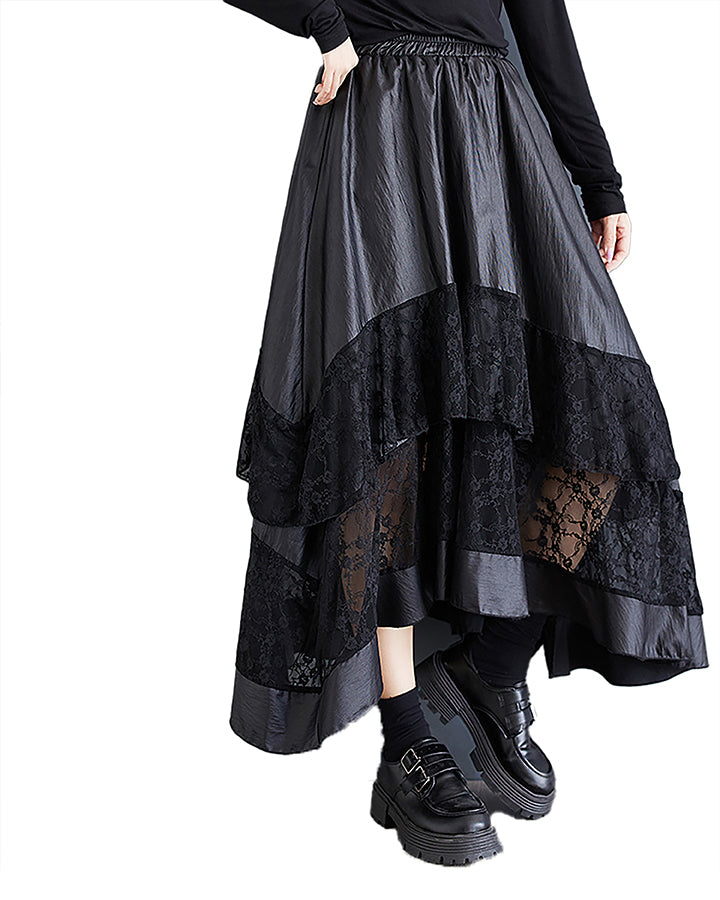 ellazhu Women's Skirt Elastic Waist Solid Lace Hollow Casual Loose Mid Length Ruffe Hem GZ371 Black