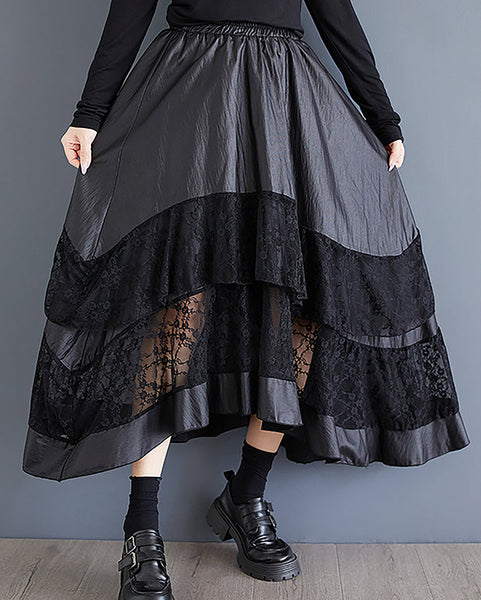 ellazhu Women's Skirt Elastic Waist Solid Lace Hollow Casual Loose Mid Length Ruffe Hem GZ371 Black
