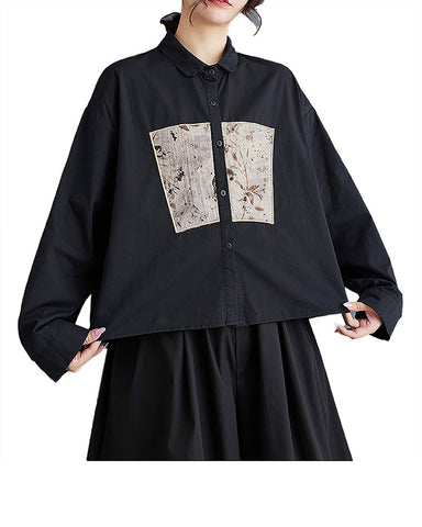 ellazhu Women's Shirt Patterned Lapel Button Down Long Sleeve Cotton Straight Hem Loose Casual Tops GZ373 Black