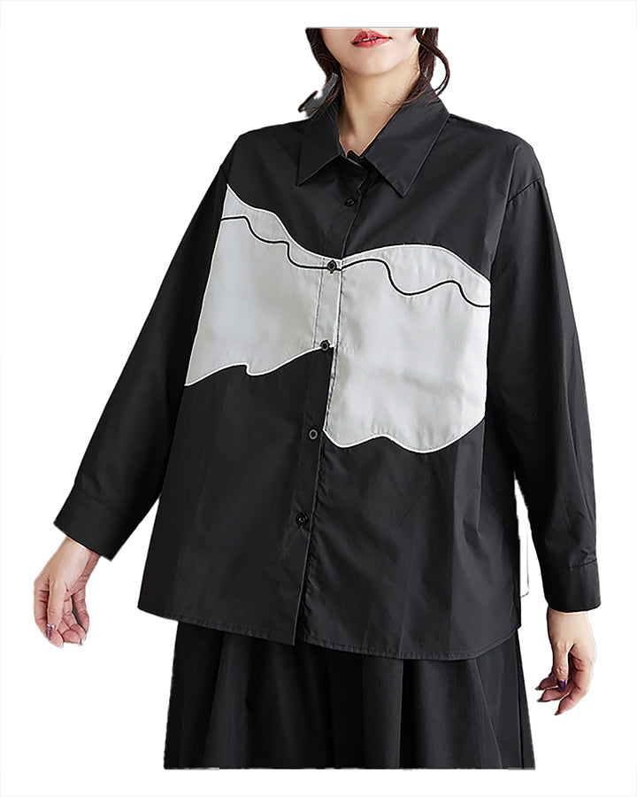 ellazhu Women's Shirt Patterned Lapel Button Down Long Sleeve Cotton Straight Hem Loose Casual Tops GZ375 Black