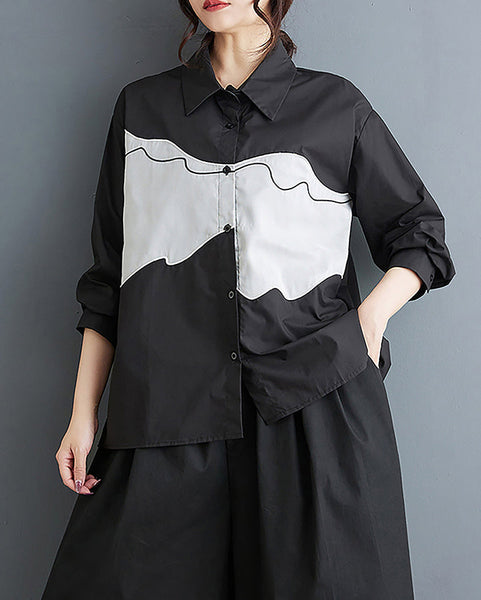 ellazhu Women's Shirt Patterned Lapel Button Down Long Sleeve Cotton Straight Hem Loose Casual Tops GZ375 Black