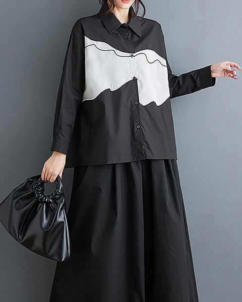 ellazhu Women's Shirt Patterned Lapel Button Down Long Sleeve Cotton Straight Hem Loose Casual Tops GZ375 Black
