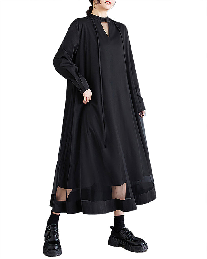 ellazhu Women's Shirt Dress Crewneck Long Sleeve Solid Loose Casual Oversize Maxi Flowy Hem Guaze GZ376 Black