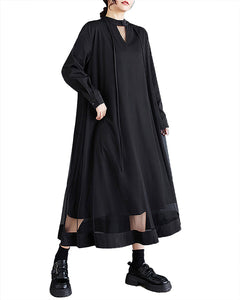 ellazhu Women's Shirt Dress Crewneck Long Sleeve Solid Loose Casual Oversize Maxi Flowy Hem Guaze GZ376 Black