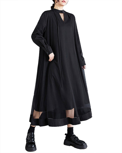 ellazhu Women's Shirt Dress Crewneck Long Sleeve Solid Loose Casual Oversize Maxi Flowy Hem Guaze GZ376 Black