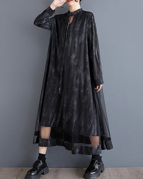 ellazhu Women's Shirt Dress Crewneck Long Sleeve Solid Loose Casual Oversize Maxi Flowy Hem Guaze GZ376 Black