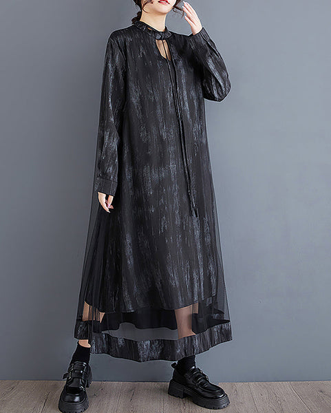 ellazhu Women's Shirt Dress Crewneck Long Sleeve Solid Loose Casual Oversize Maxi Flowy Hem Guaze GZ376 Black