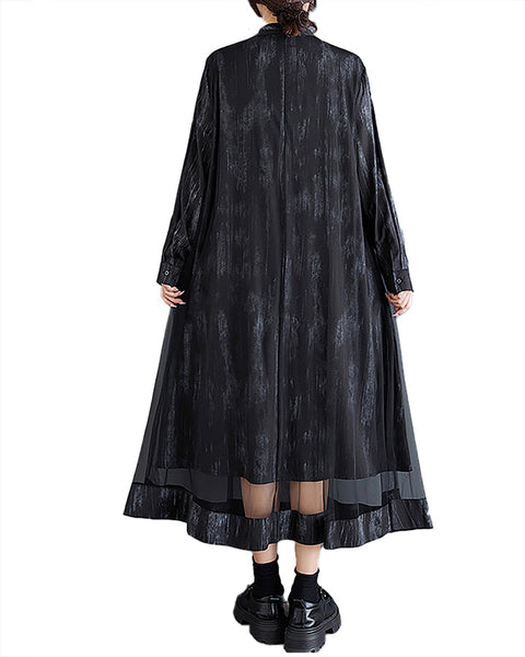 ellazhu Women's Shirt Dress Crewneck Long Sleeve Solid Loose Casual Oversize Maxi Flowy Hem Guaze GZ376 Black