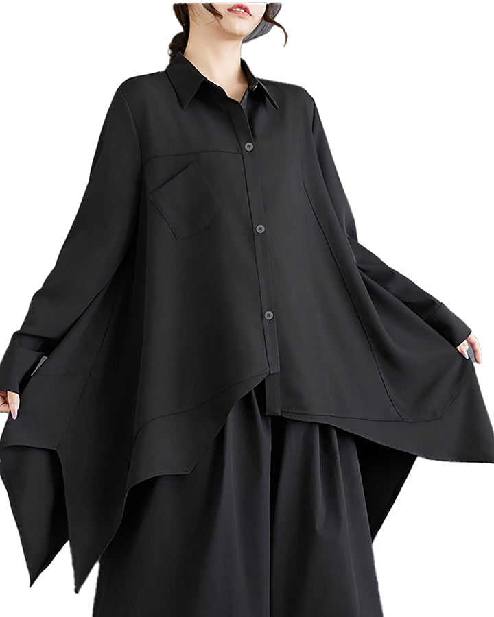 ellazhu Women's Shirt Lapel Long Sleeve Solid Button Down High Low Asymmetrical Hem Loose Casual Ruffe Back GZ378 Black