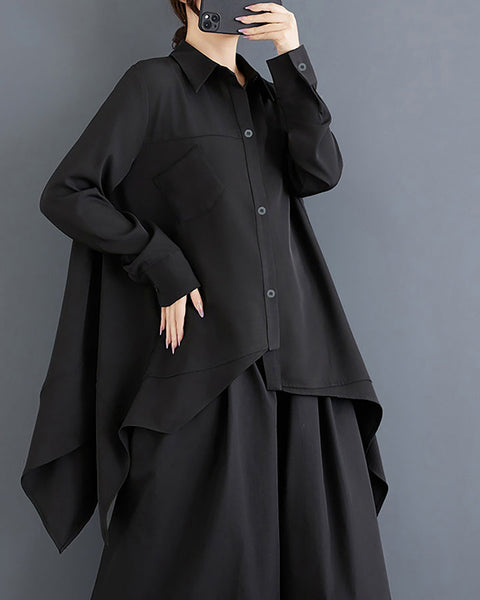 ellazhu Women's Shirt Lapel Long Sleeve Solid Button Down High Low Asymmetrical Hem Loose Casual Ruffe Back GZ378 Black