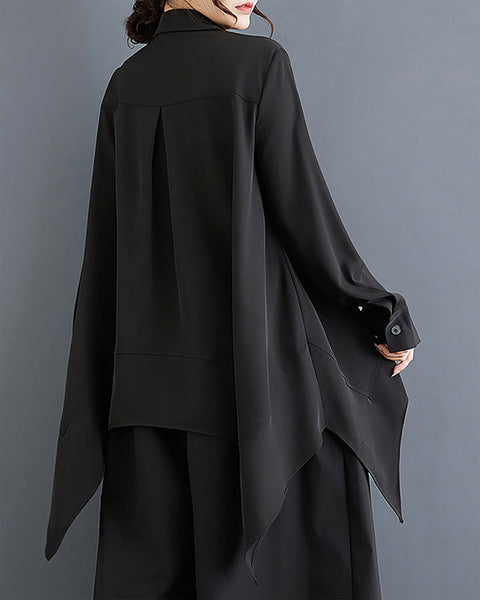 ellazhu Women's Shirt Lapel Long Sleeve Solid Button Down High Low Asymmetrical Hem Loose Casual Ruffe Back GZ378 Black