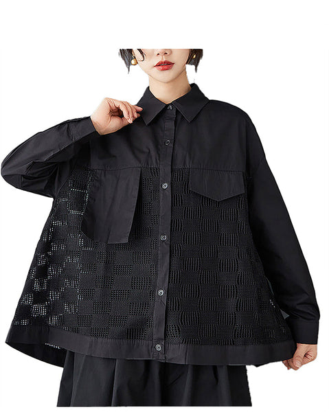 ellazhu Women's Shirt Lapel Long Sleeve Button Down Solid Lace Hollow Straight Hem Loose Casual GZ380 Black