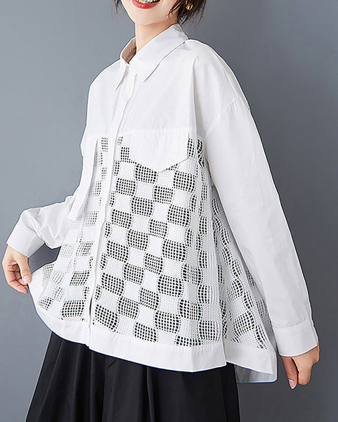 ellazhu Women's Shirt Lapel Long Sleeve Button Down Solid Lace Hollow Straight Hem Loose Casual GZ380 Black
