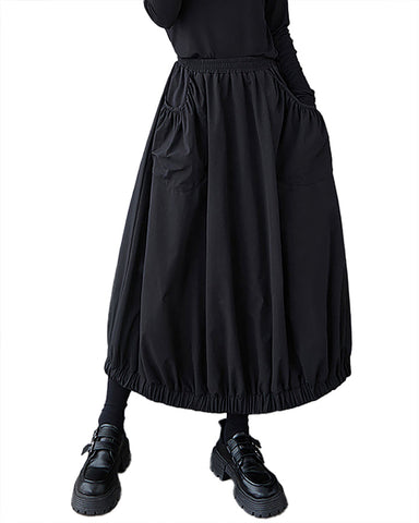 ellazhu Women's Skirt Elastic Leg Two Side Pockets Ruffle Hem Casual Solid Loose GZ387 Black
