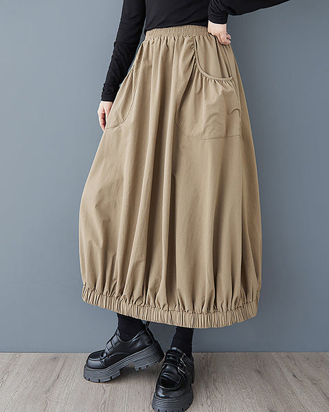 ellazhu Women's Skirt Elastic Leg Two Side Pockets Ruffle Hem Casual Solid Loose GZ387 Black