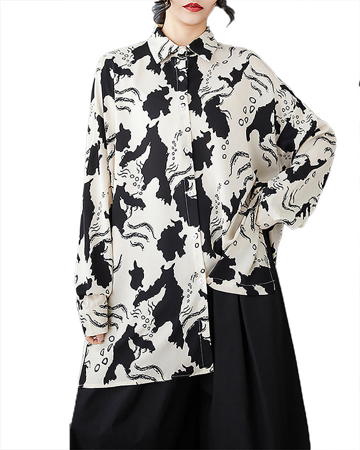 ellazhu Women's Shirt Lapel Patterned Button Down Long Sleeve Casuasl Loose Oversize GZ392 White