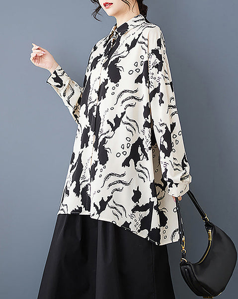 ellazhu Women's Shirt Lapel Patterned Button Down Long Sleeve Casuasl Loose Oversize GZ392 White