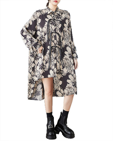 ellazhu Women's Shirt Dress Button Down Long Sleeve Lapel Assymetrical Hem Printed GZ393 White