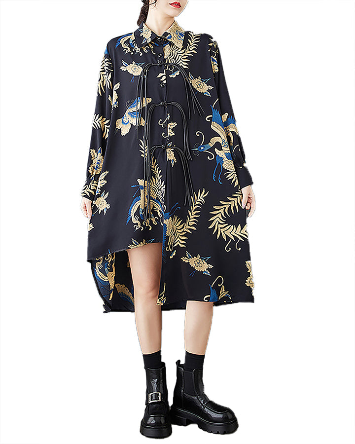 ellazhu Women's Shirt Dress Lapel Button Down Long Sleeve Patterned Asymmetrical Hem GZ394 Black