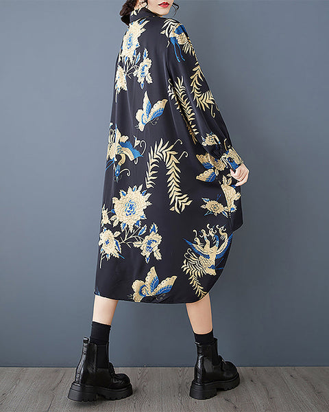 ellazhu Women's Shirt Dress Lapel Button Down Long Sleeve Patterned Asymmetrical Hem GZ394 Black