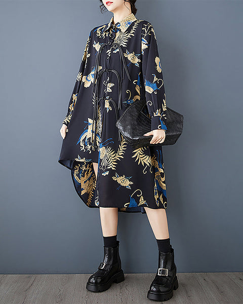 ellazhu Women's Shirt Dress Lapel Button Down Long Sleeve Patterned Asymmetrical Hem GZ394 Black