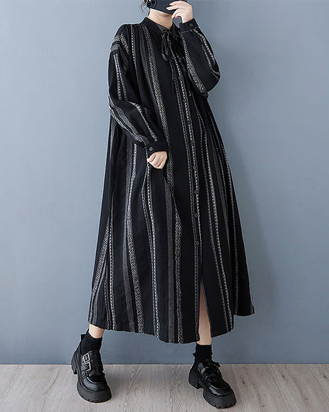 ellazhu Women's Shirt Dress Strip Button Down Long Sleeve Lapel Flowy Hem Casual Loose Maxi GZ397 Black